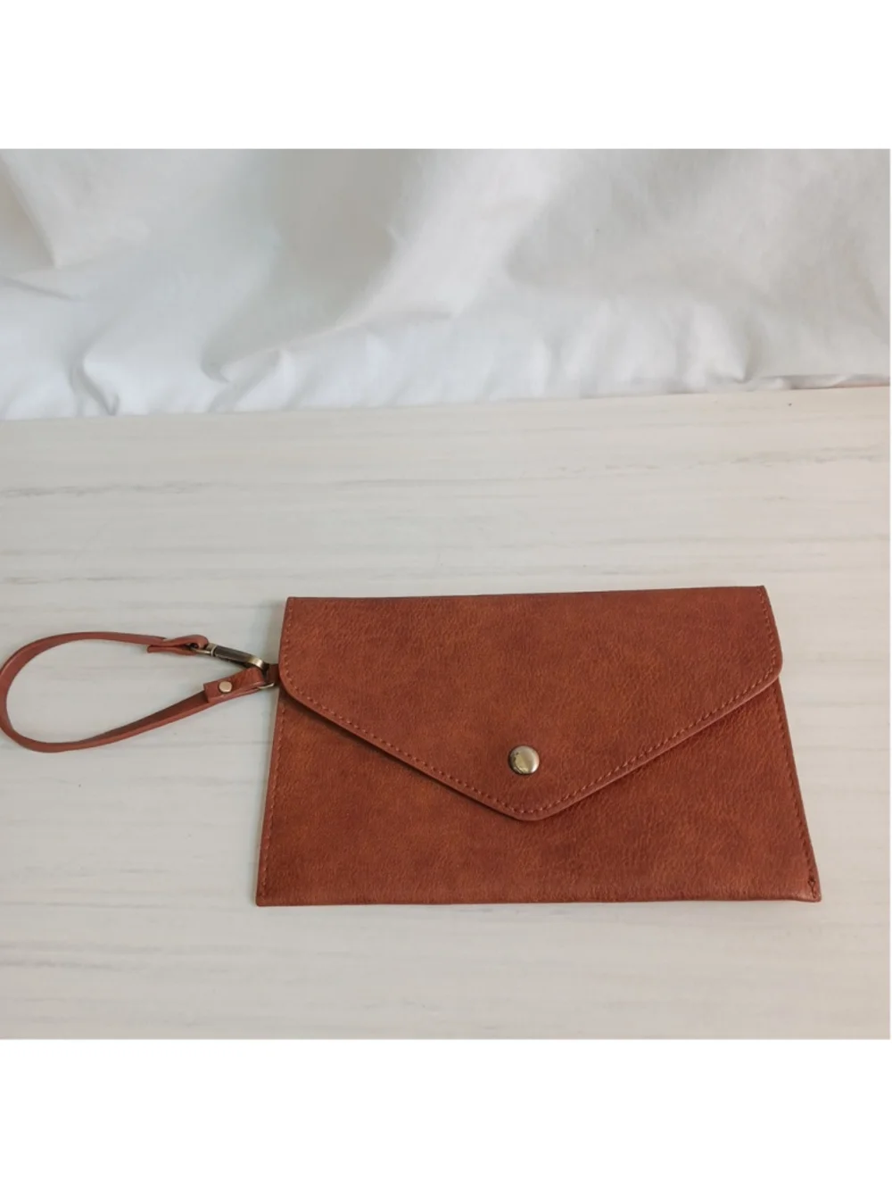 Tan Rectangle Wristlet 8 X 5 Vegan Leather Brass Snap Hook